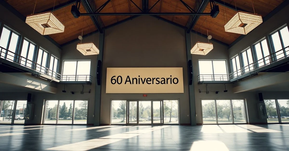 Interior vacío de un pabellón ferial con luz natural y un cartel de 60 aniversario