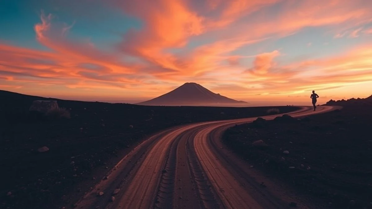 Imagen ilustrativa: un sendero de tierra en una isla volcánica al atardecer, con la silueta de un corredor en la lejanía.