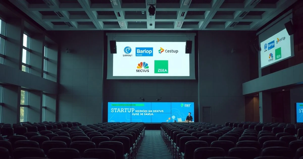 Conferencia vacía con pantalla de blockchain en Madrid