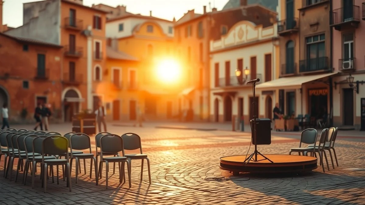 Imagen ilustrativa: una plaza empedrada de un pueblo minero al atardecer, con sillas vacías y un escenario con micrófono.