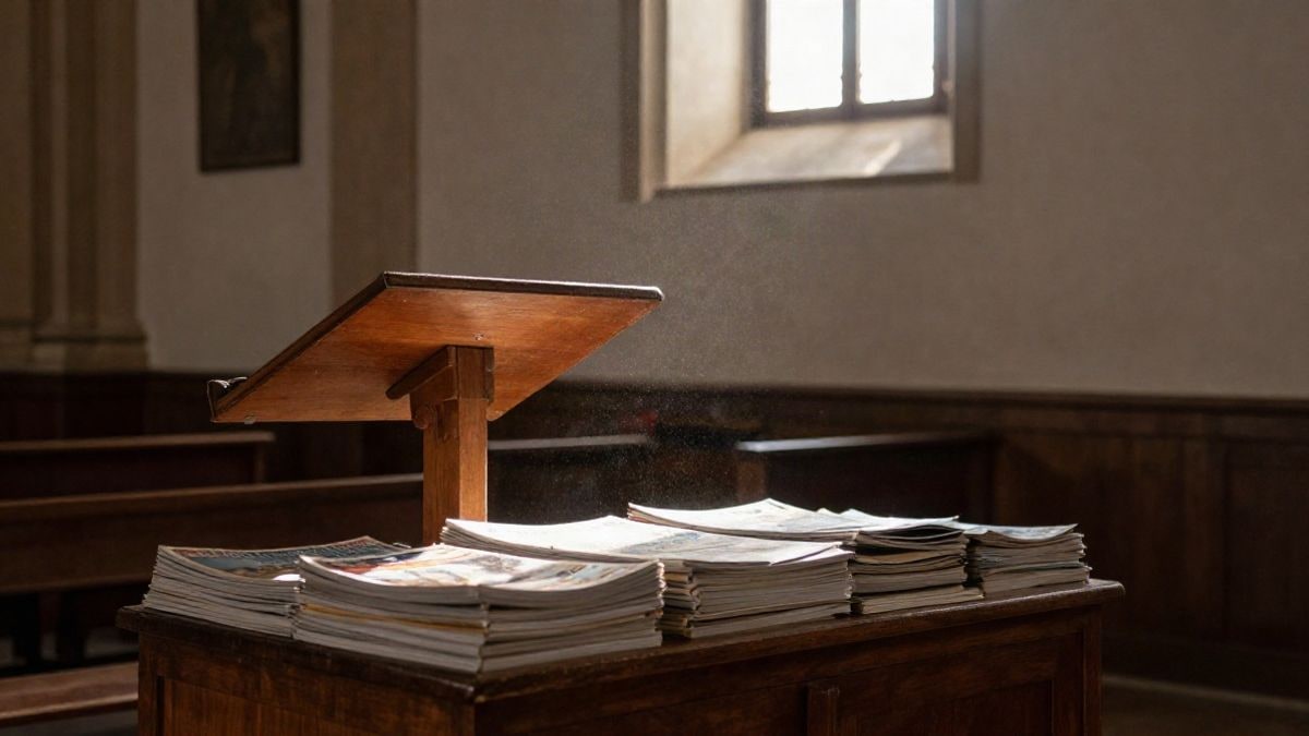 Illustrative image: interior of a chapel with a wooden lectern and magazines on a table, illuminated by natural light.