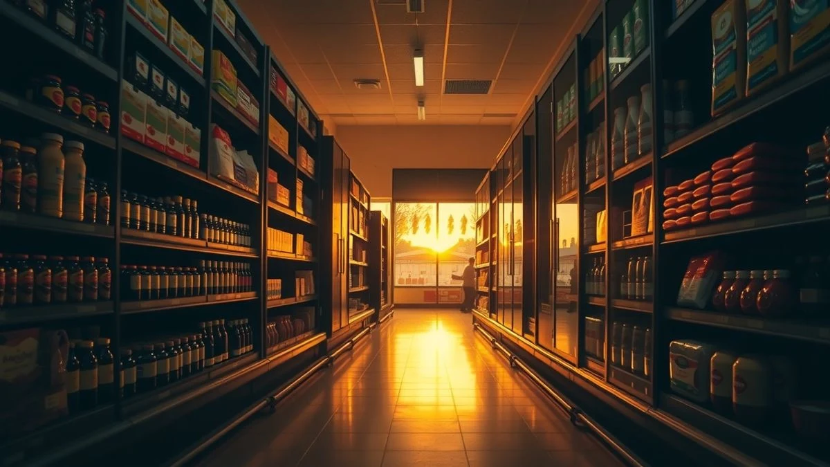 Pasillo de supermercado con estanterías llenas, luz de atardecer y sombras largas en el suelo
