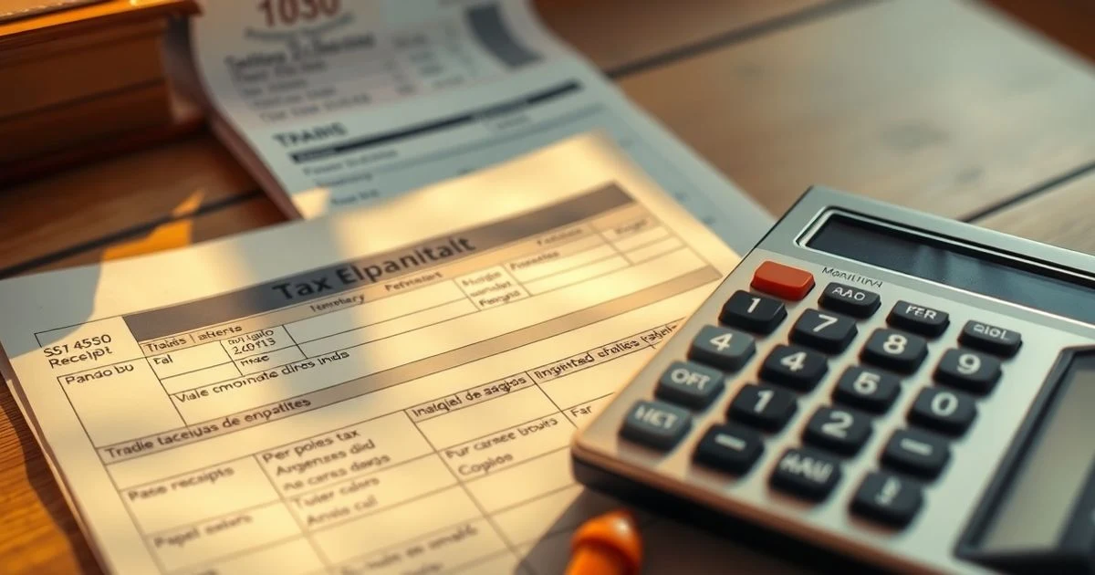 Calculadora y formulario de impuestos sobre una mesa de madera con un recibo de salario desenfocado al fondo
