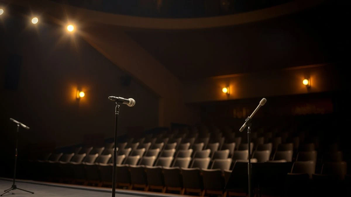 Imagen ilustrativa: un escenario vacío con micrófono y atril, iluminado por focos cálidos en un auditorio con butacas al fondo