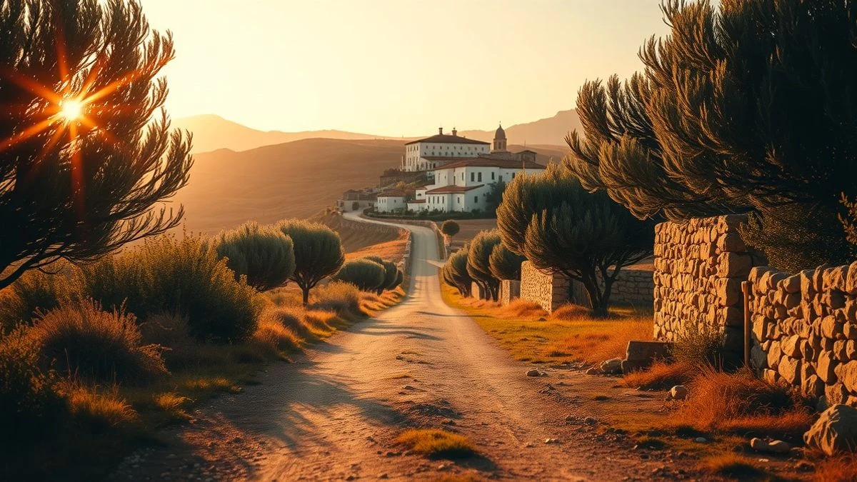 Imagen ilustrativa: camino rural entre olivos al atardecer en el Bajo Guadalquivir.