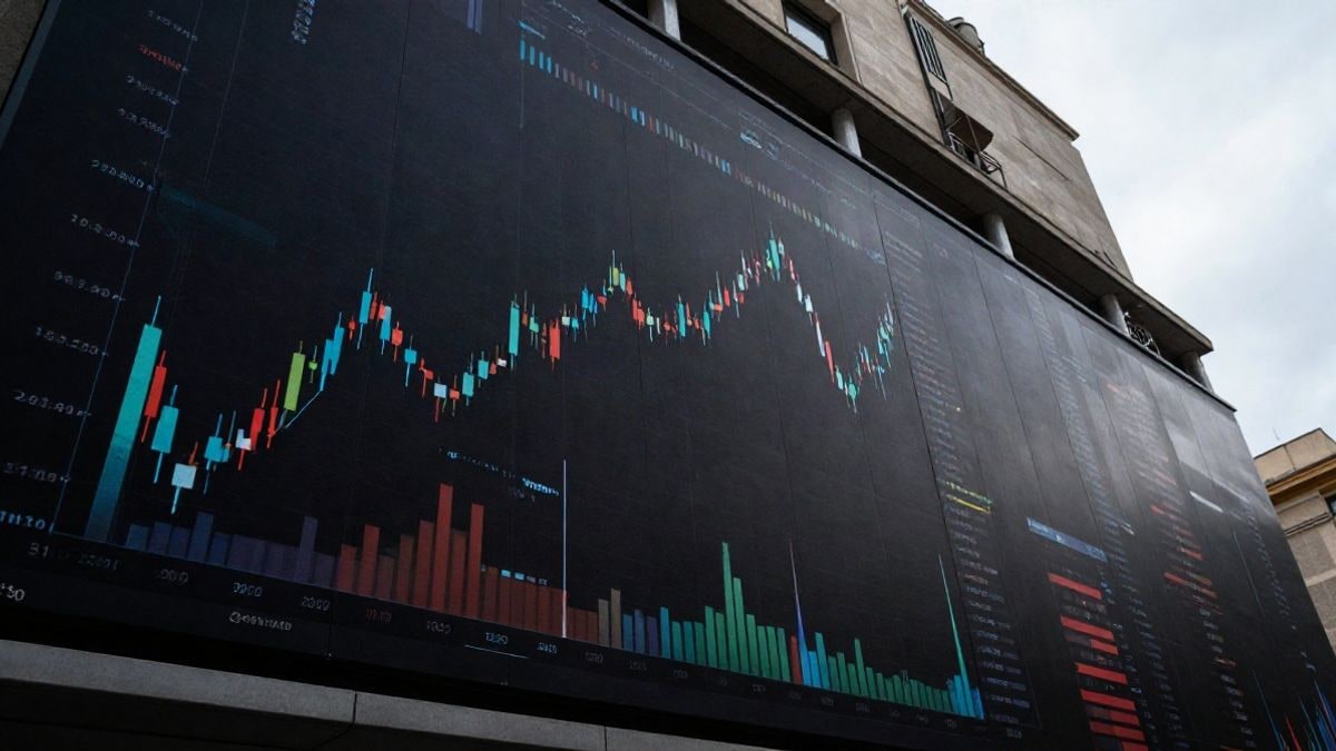 Illustrative image: panoramic view of a stock market building with abstract financial graphs and dramatic lighting.