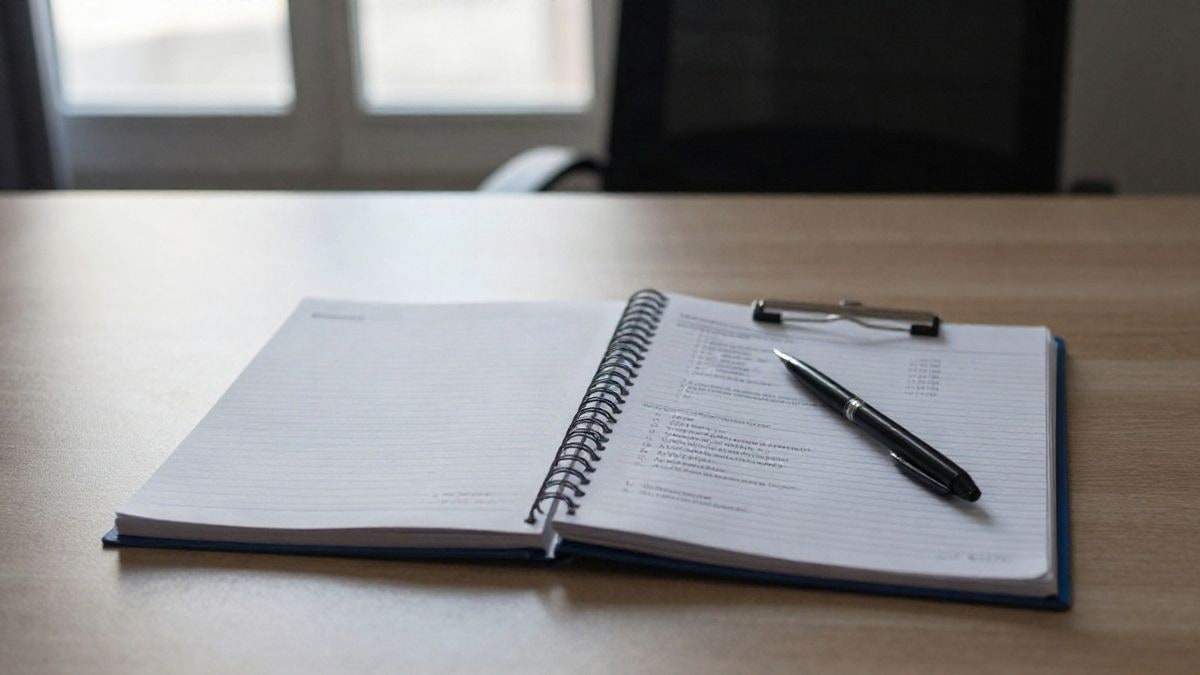 Illustrative image: overhead view of a desk with a notebook and training documents