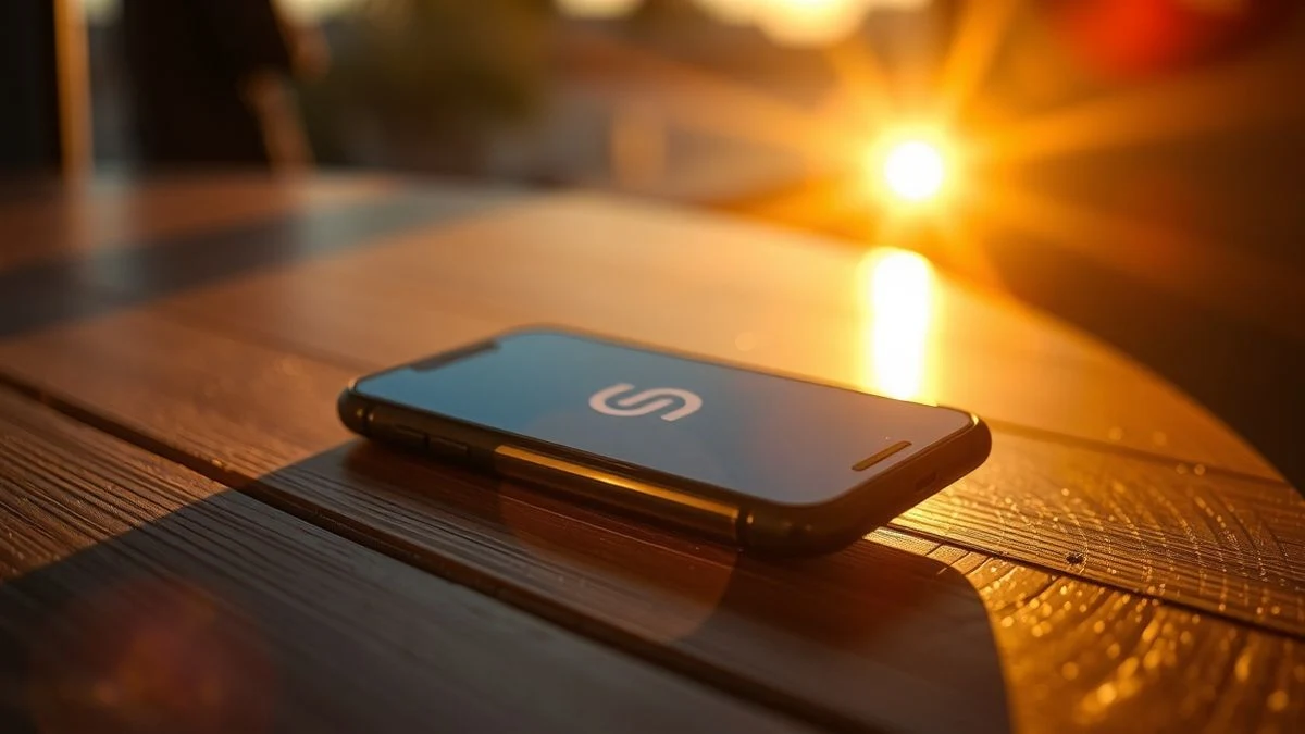 Imagen ilustrativa: un teléfono móvil sobre una mesa de madera con la pantalla encendida mostrando un símbolo genérico de moneda digital, iluminado por la luz del atardecer que proyecta sombras largas.
