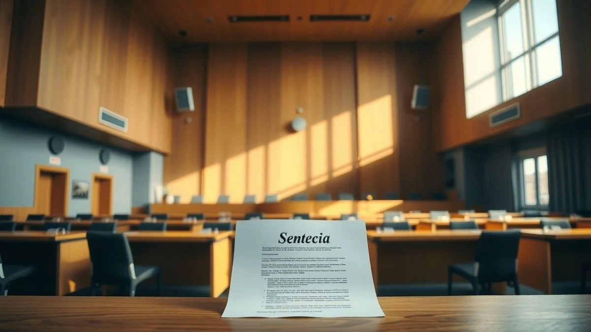 Sala de plenos vacía con un documento de sentencia sobre la mesa