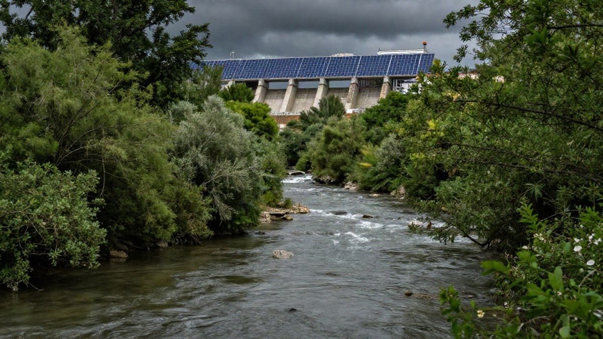 Imagen ilustrativa: vista de un río rodeado de vegetación, con infraestructura hidroeléctrica al fondo, representando el desarrollo de energía renovable.