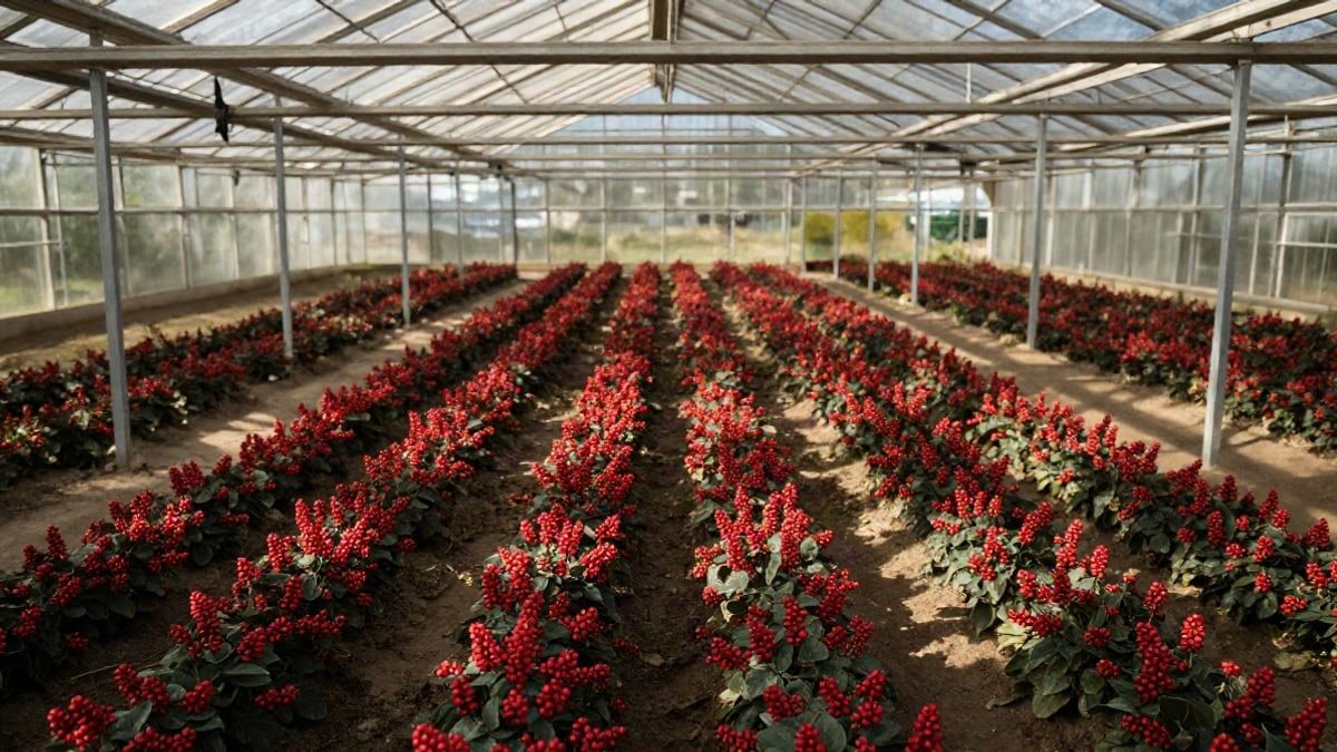 Illustrative image: interior of a greenhouse with red fruit plants illuminated by side light