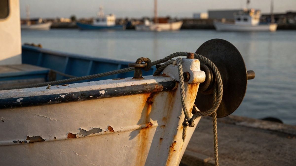 Imagen ilustrativa: primer plano del casco desgastado de un barco pesquero con cuerdas y un cabrestante