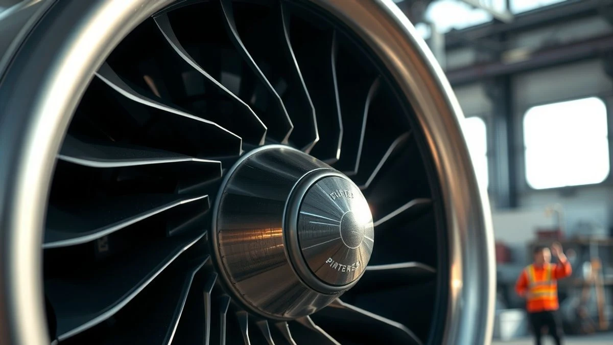 Primer plano de una pala de turbina de motor de avión con luz natural dramática y fondo desenfocado