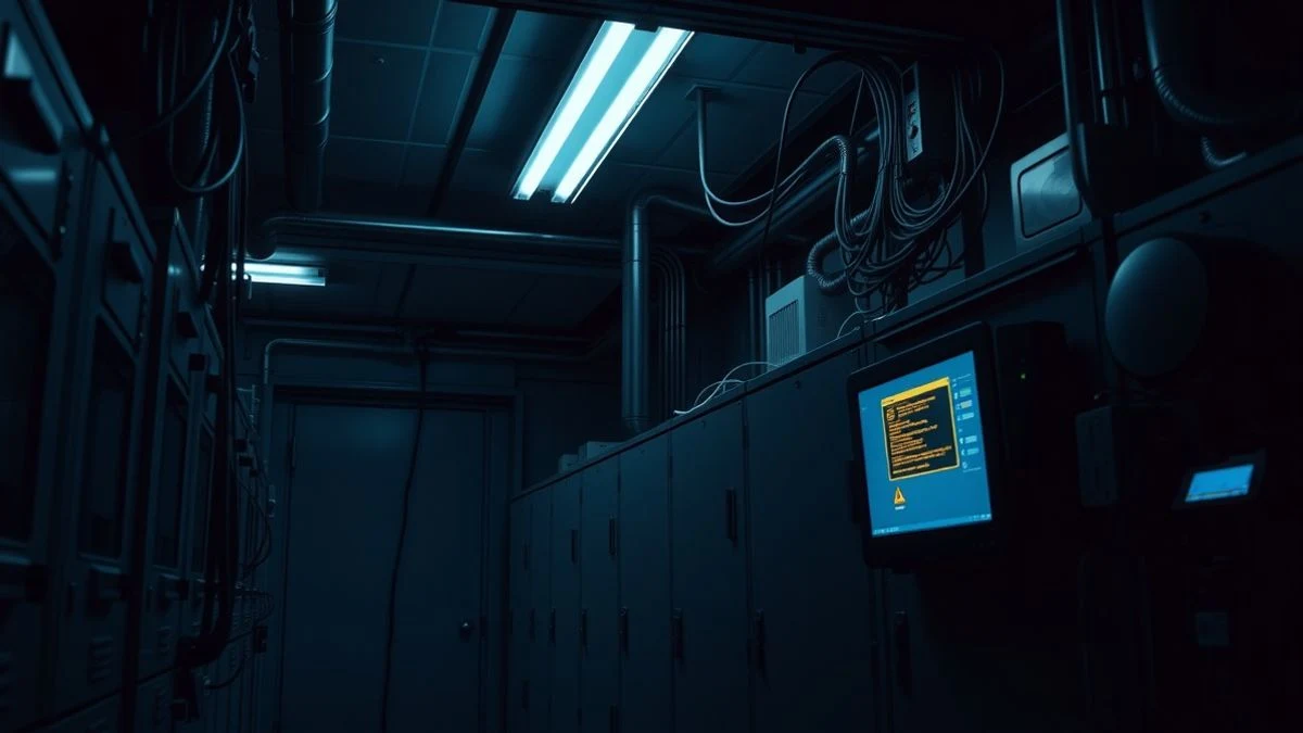 Imagen ilustrativa: sala de control industrial con armarios de PLCs y luces de alarma rojas en un entorno nocturno