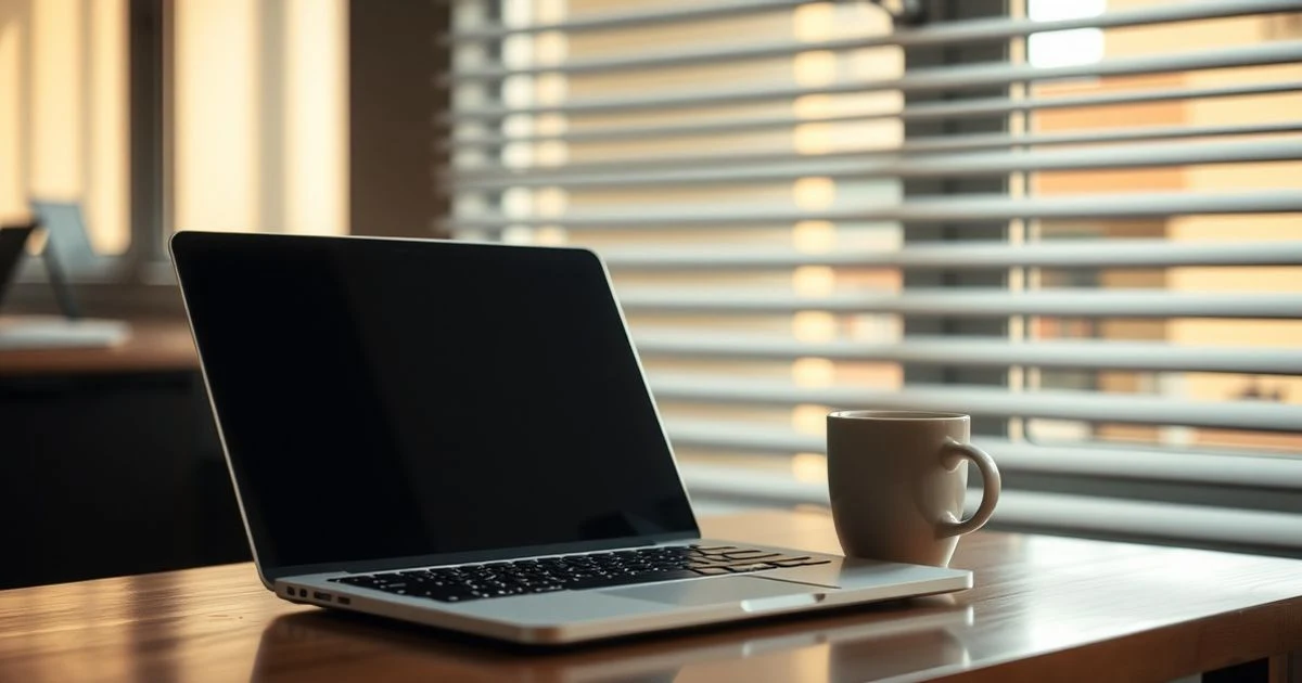 Mesa de oficina vacía con foto familiar, portátil apagado y taza de café, luz suave matinal