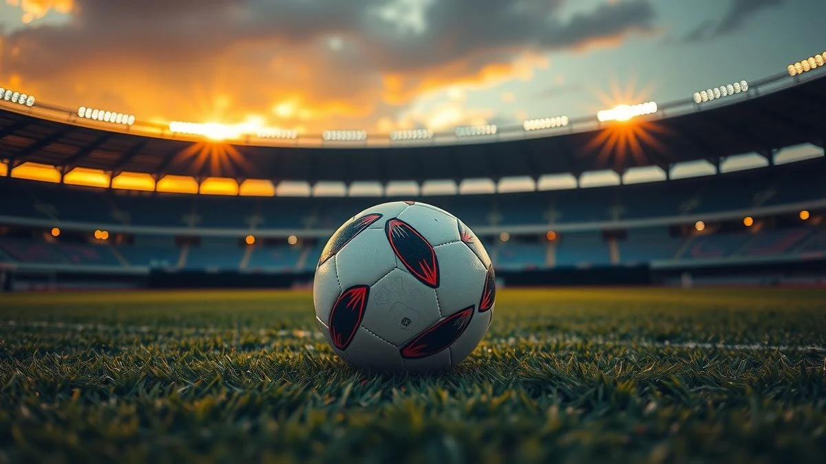 Balón de fútbol sobre el césped de un estadio vacío al atardecer, con la grada de fondo