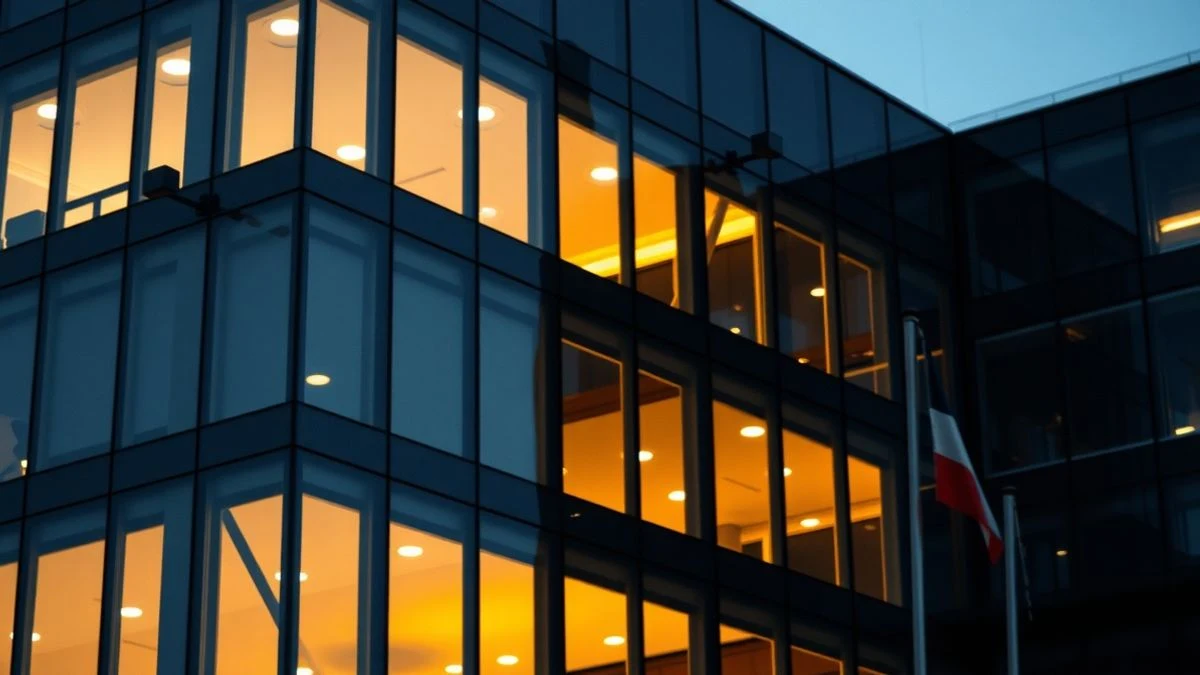 Imagen ilustrativa: fachada de un edificio de oficinas iluminado al atardecer, con reflejos de luces urbanas en el cristal.