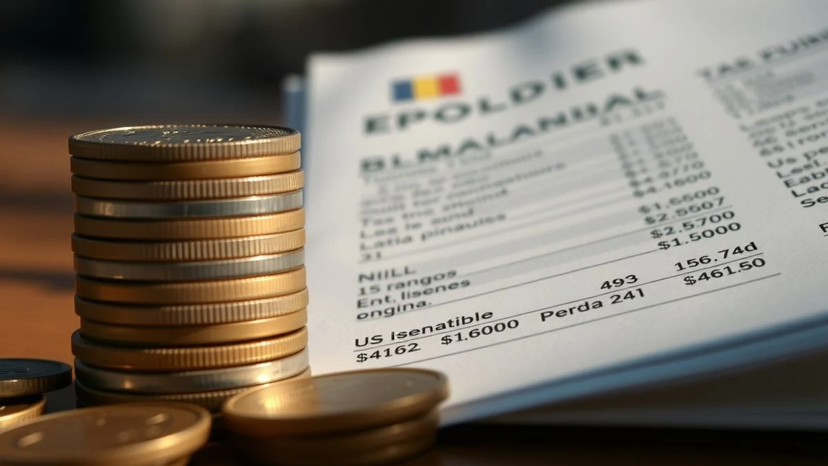 Monedas y un documento financiero sobre una mesa, con luz natural suave