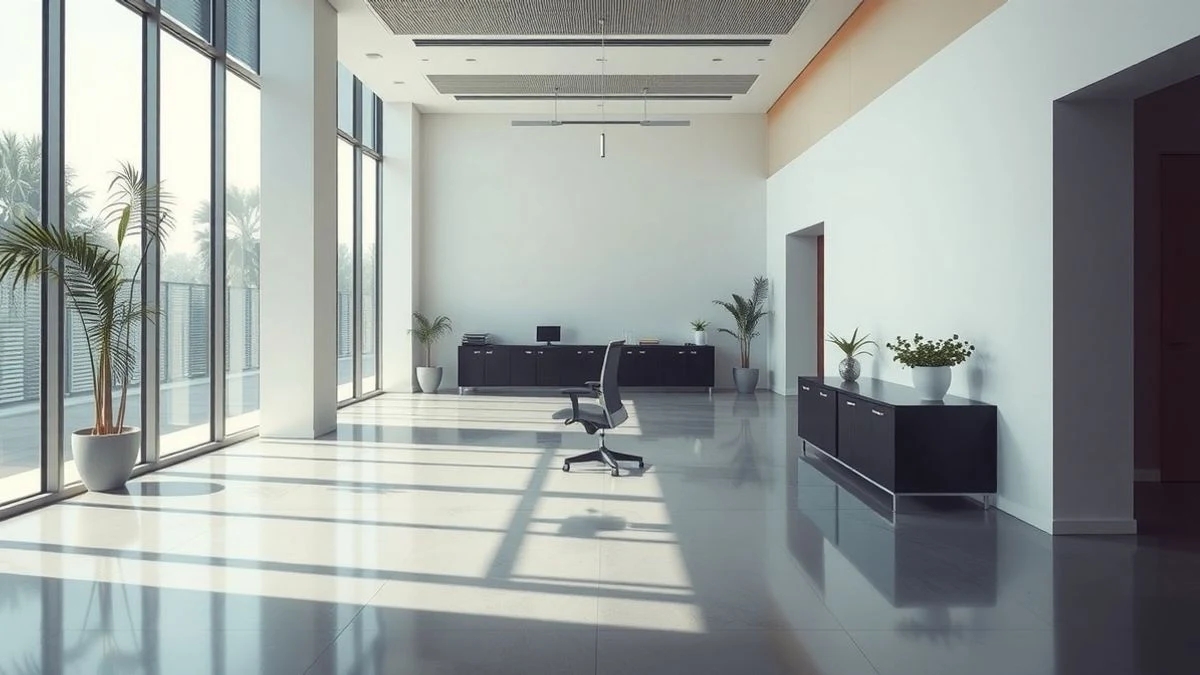 Imagen ilustrativa: interior de un edificio de oficinas moderno y vacío con luz natural