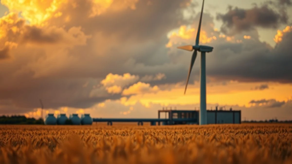 Imagen ilustrativa: turbina eólica en un campo de trigo al atardecer, con un edificio industrial borroso al fondo