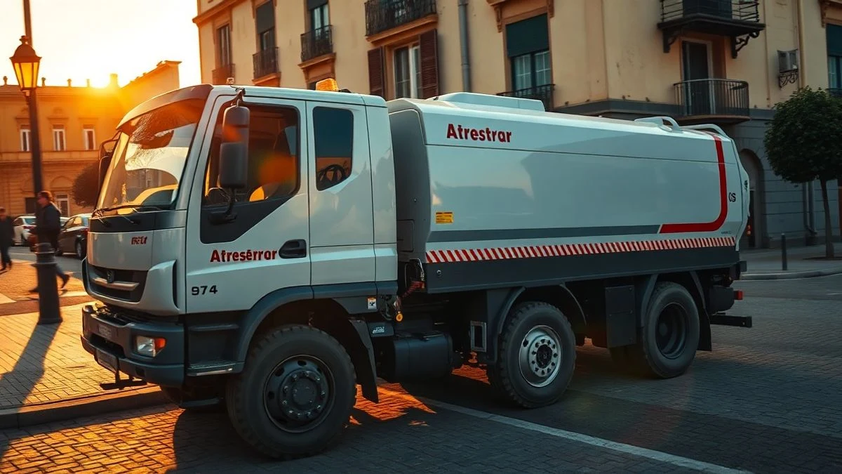 Imagen ilustrativa: barredora vial moderna estacionada en una calle empedrada de un pueblo español al atardecer.