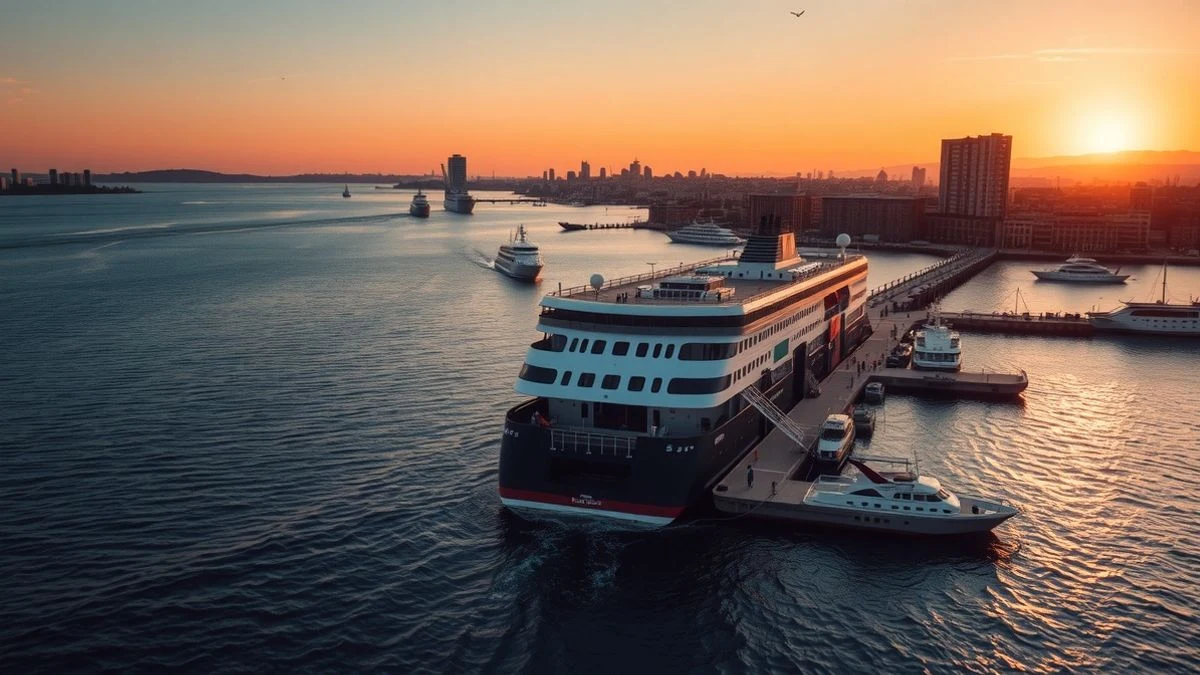 Imagen ilustrativa: vista aérea de un ferry atracado en un puerto al atardecer.
