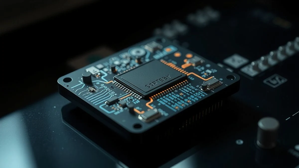 Primer plano de un chip semiconductor futurista con circuitos brillantes sobre una superficie oscura reflectante
