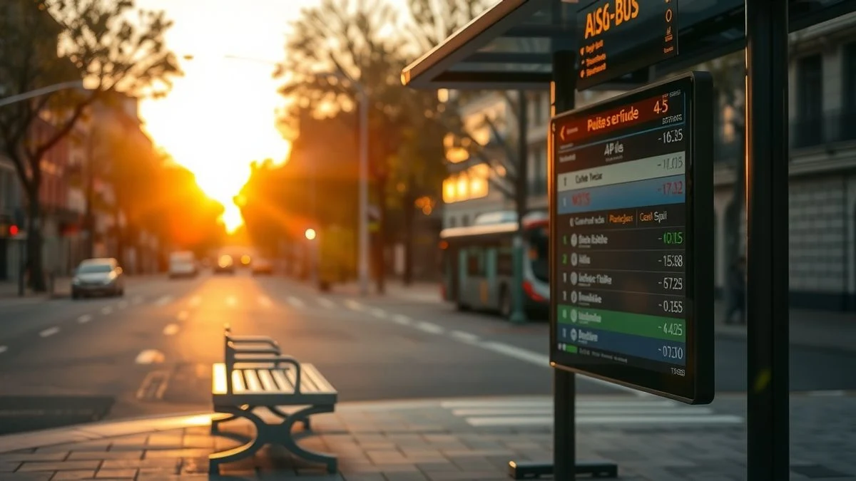 Imagen ilustrativa: una parada de autobús vacía al atardecer con un panel informativo digital, en un entorno urbano genérico.