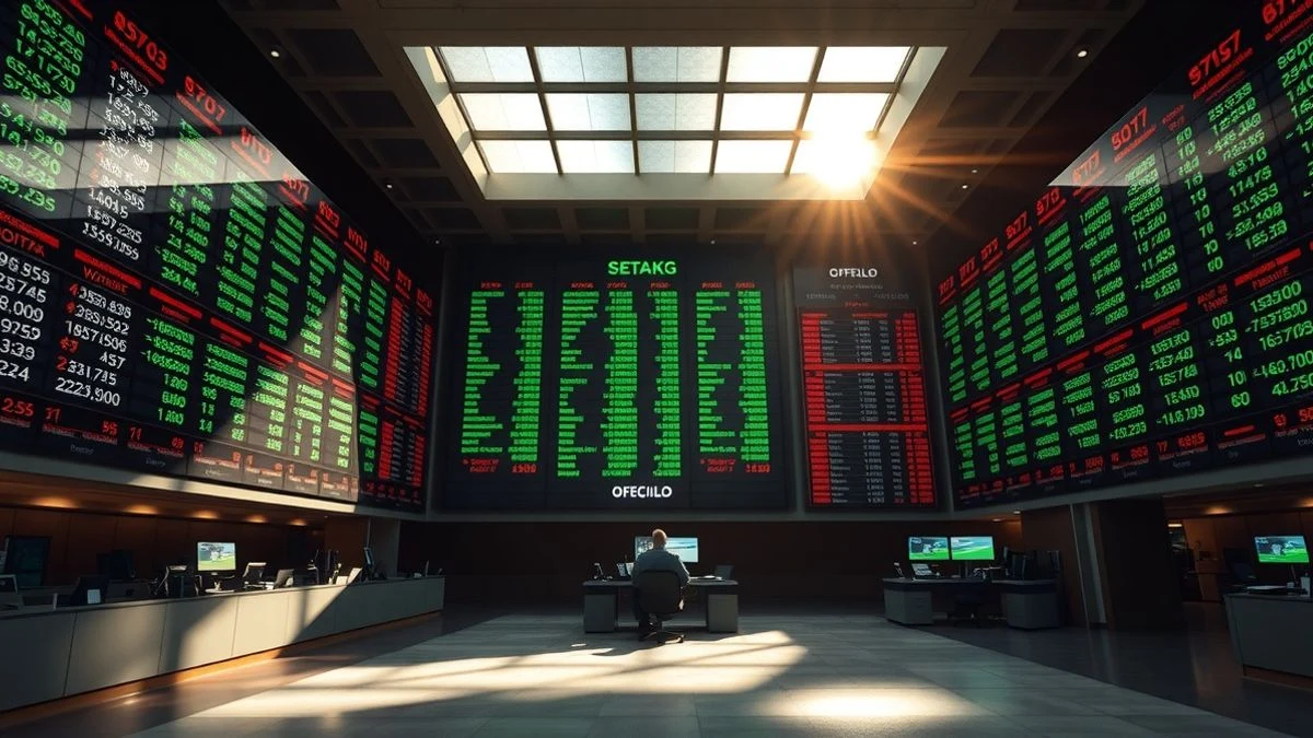 Imagen ilustrativa: plano general de un parqué bursátil con una pantalla electrónica y un trader solitario al fondo