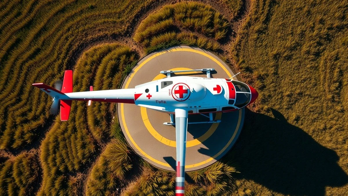 Imagen ilustrativa: vista cenital de un helicóptero medicalizado rojo y blanco sobre una helisuperficie