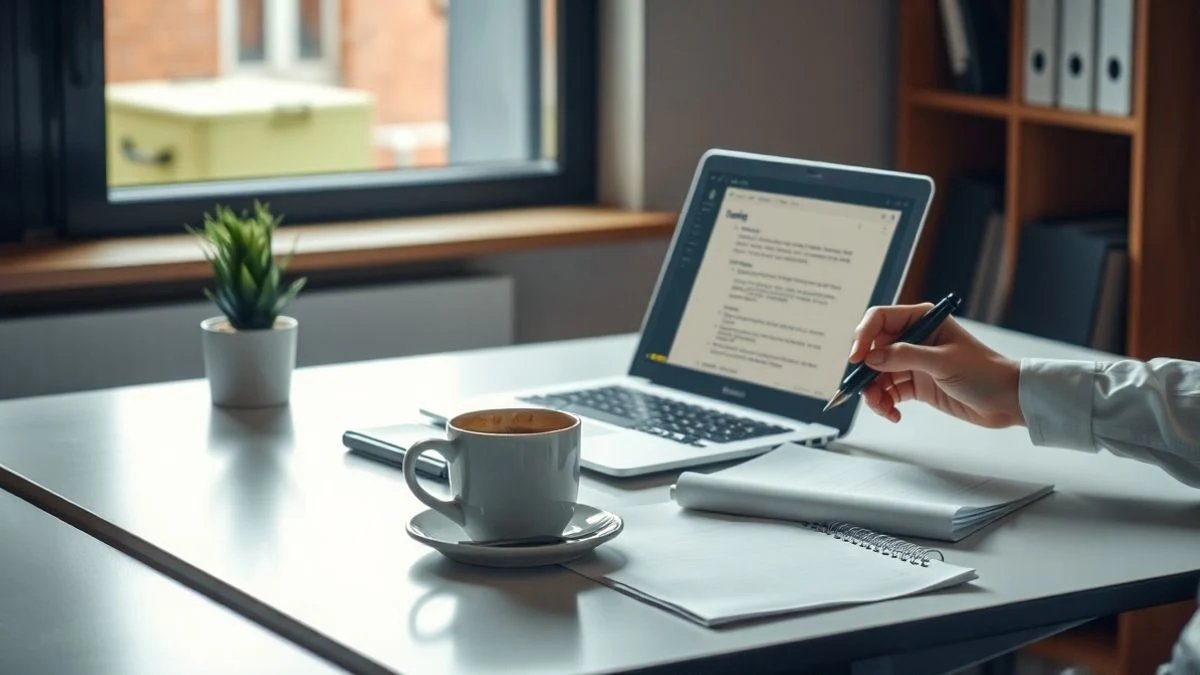 Imagen ilustrativa: escritorio de oficina con portátil, documentación y taza de café, luz natural de ventana