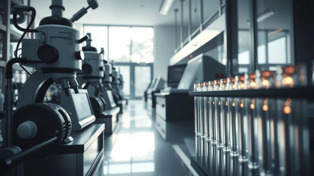 Imagen ilustrativa: interior de un laboratorio farmacéutico moderno con equipos de acero inoxidable y tubos de ensayo iluminados por luz natural.