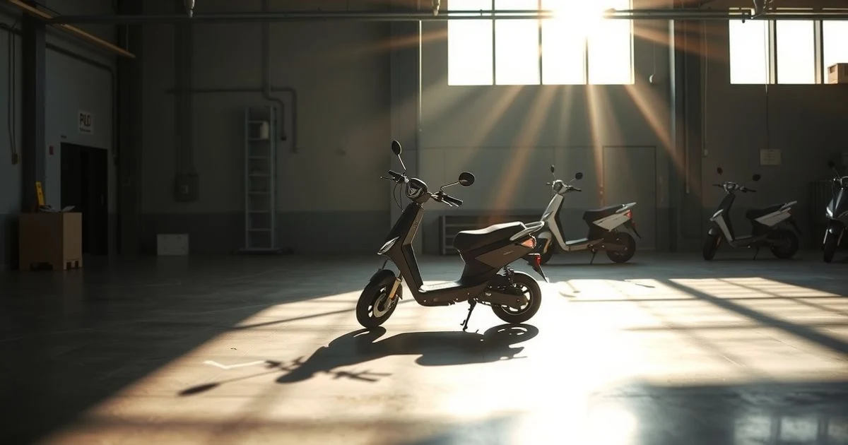Planta de montaje vacía de Silence en la Zona Franca de Barcelona con un scooter eléctrico bajo un foco