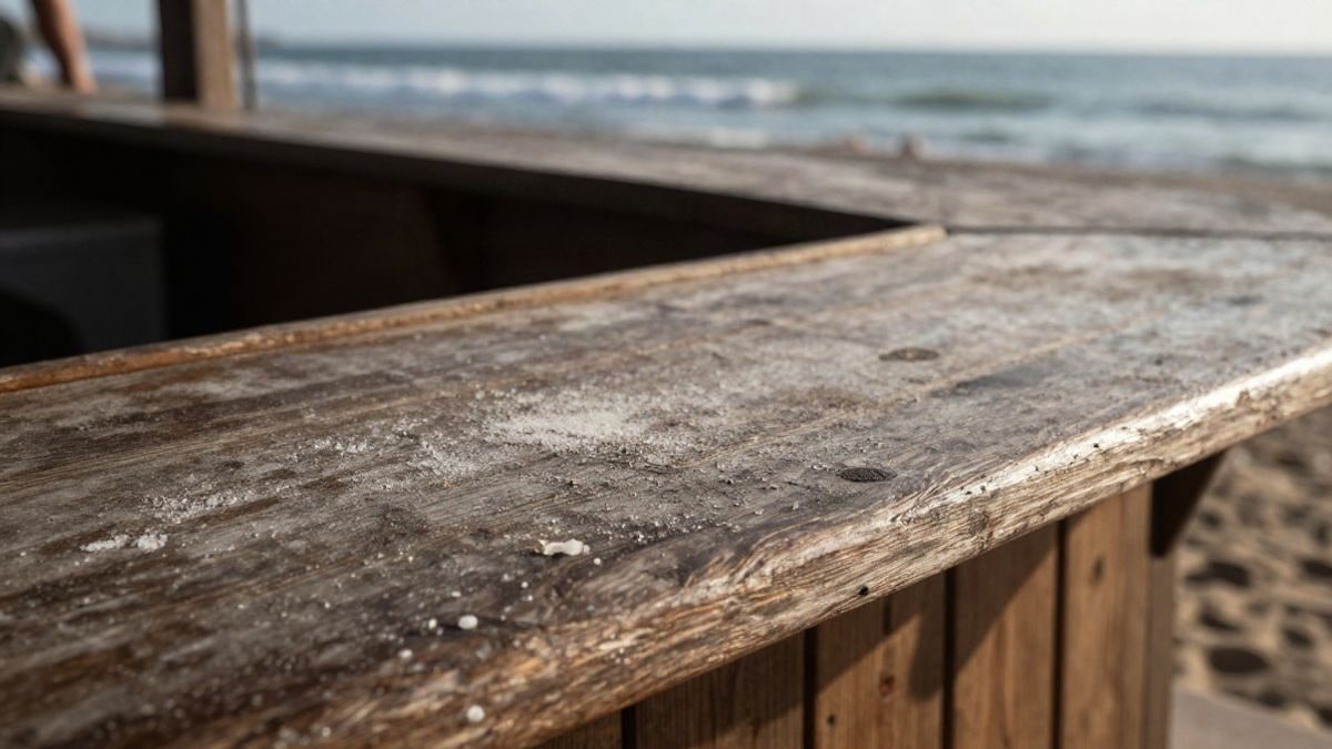 Imagen ilustrativa: detalle de la madera desgastada de la barra de un chiringuito junto al mar