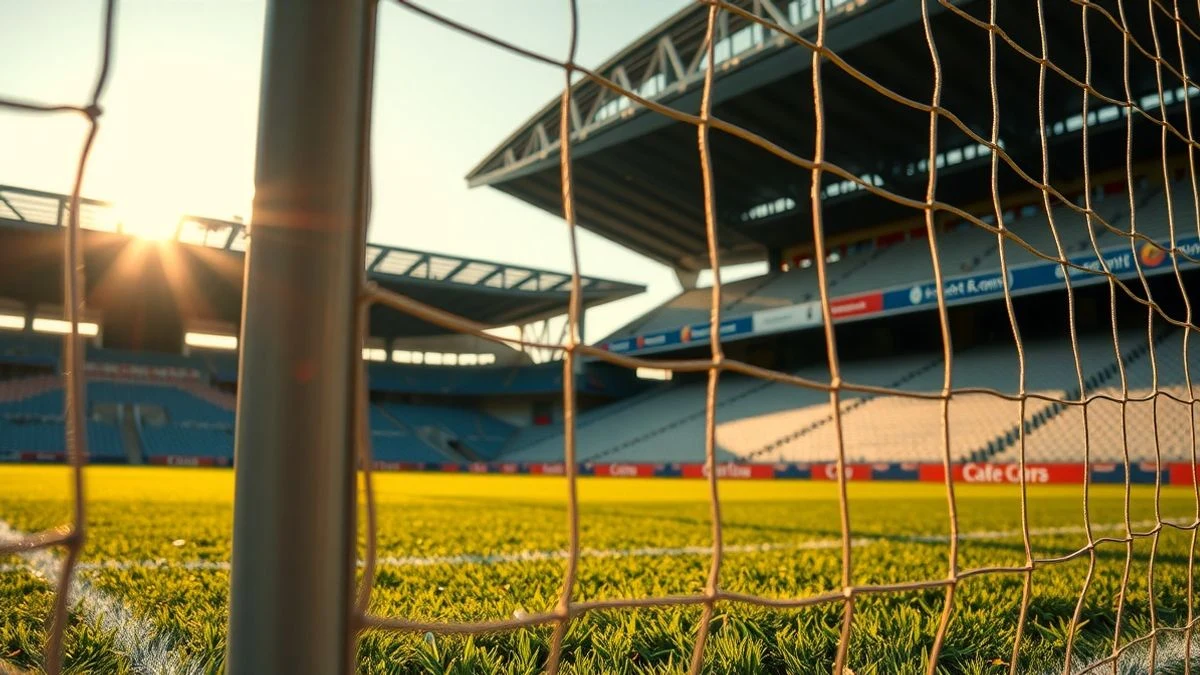 Imagen ilustrativa: una portería de fútbol vacía en un estadio al atardecer, con la red iluminada por la luz del sol.