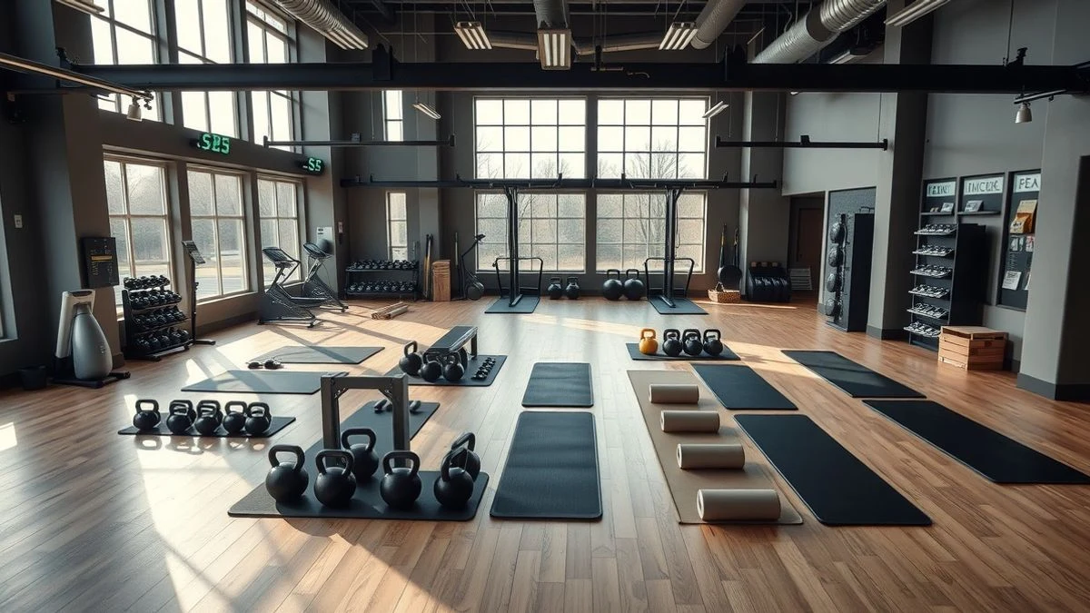 Imagen ilustrativa: vista aérea de un gimnasio moderno con equipamiento de entrenamiento funcional, pesas y colchonetas, iluminado por luz natural.