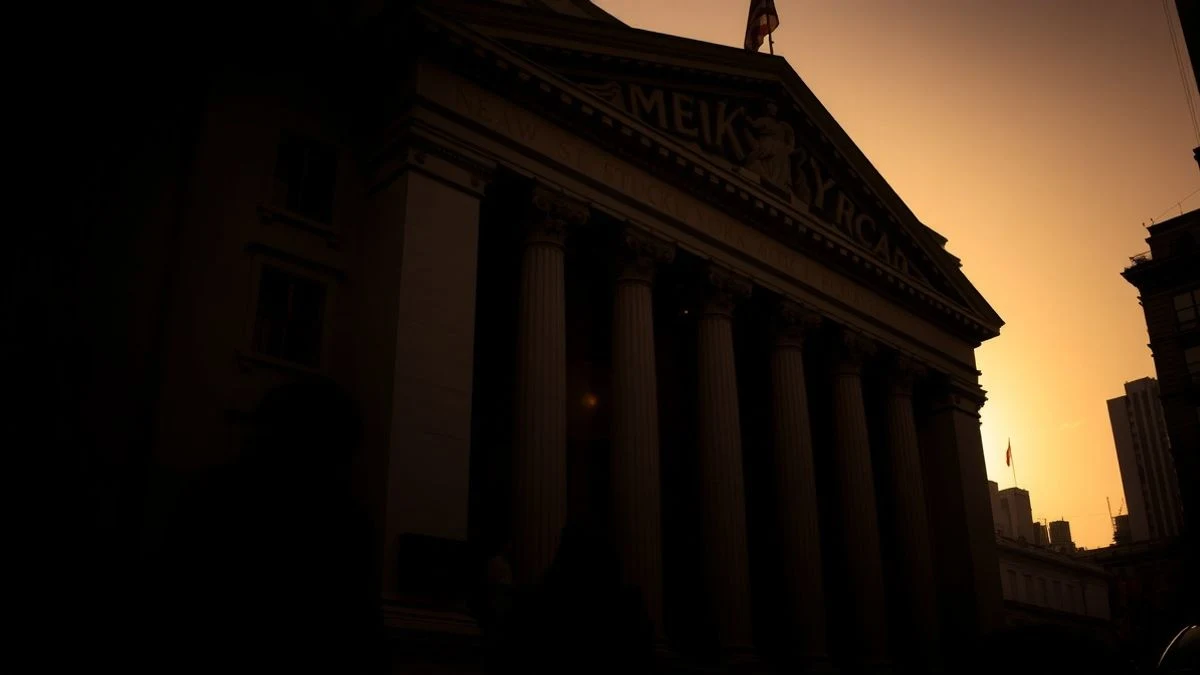 Fachada de la Bolsa de Nueva York al atardecer con contraluz y sombras largas