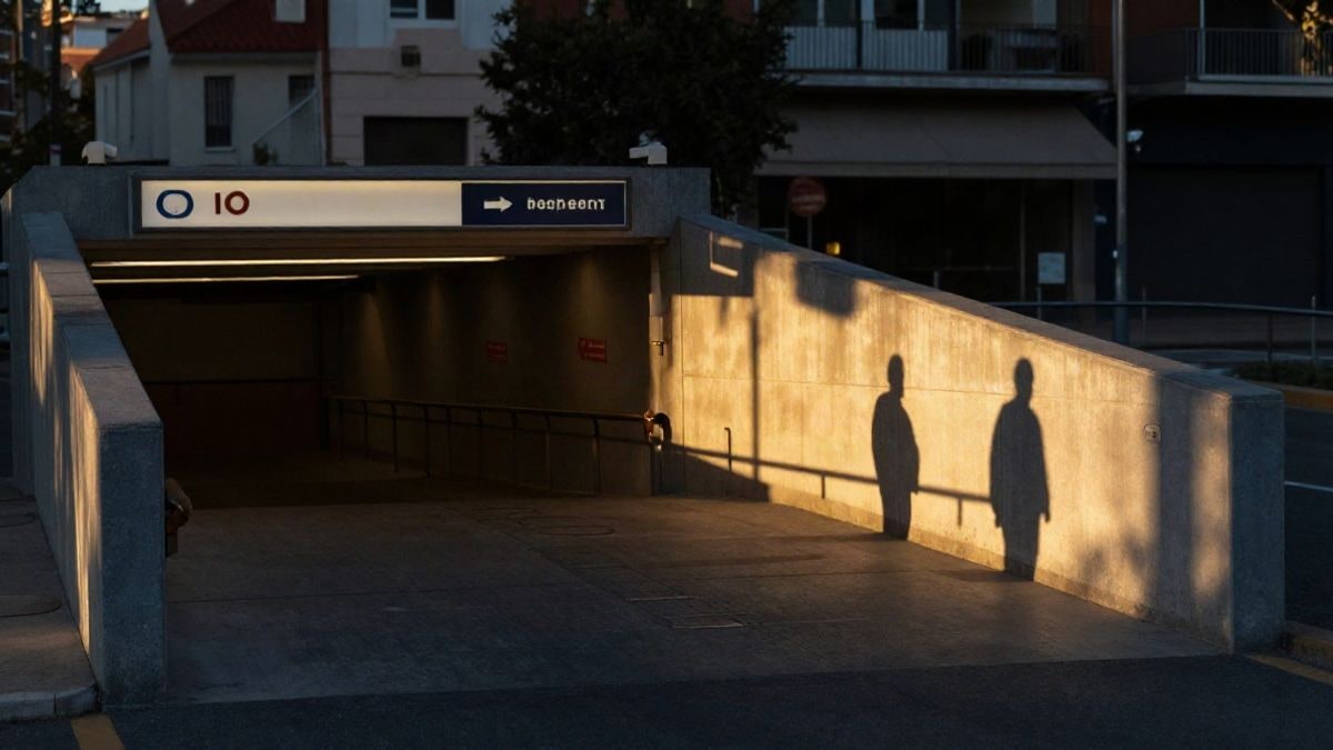 Imagen ilustrativa: rampa de acceso a un aparcamiento subterráneo moderno al atardecer