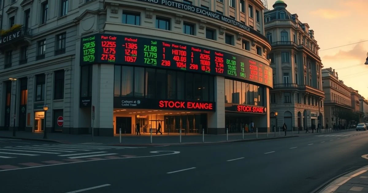 Fachada del edificio de la Bolsa de Madrid al atardecer, con pantalla digital mostrando índices bursátiles