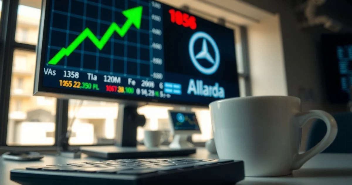 Monitor de bolsa con flecha verde ascendente y teclado en primer plano