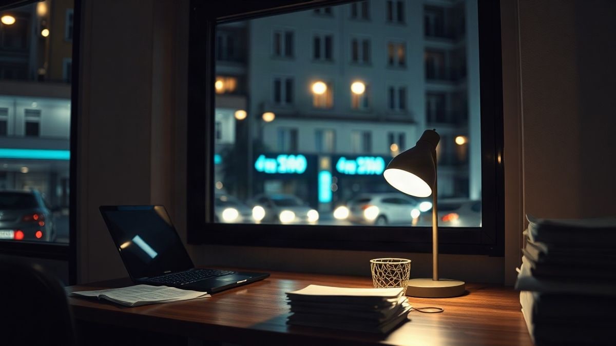 Illustrative image: office of a small business at night with a laptop on the table