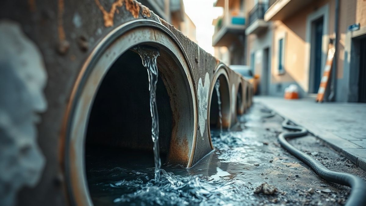 Illustrative image: close-up of a large diameter sanitation pipe in an urban construction site
