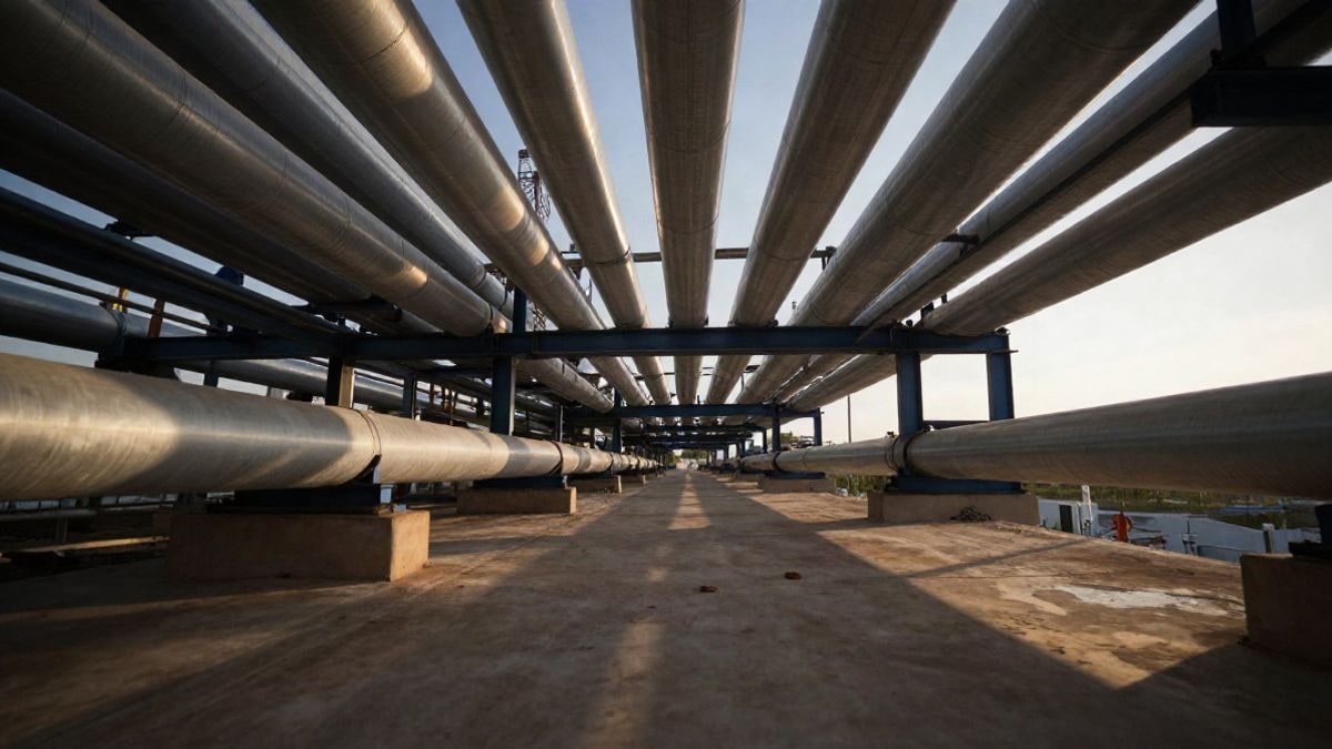 Illustrative image: pipes and metal structures of an energy plant under construction at sunset