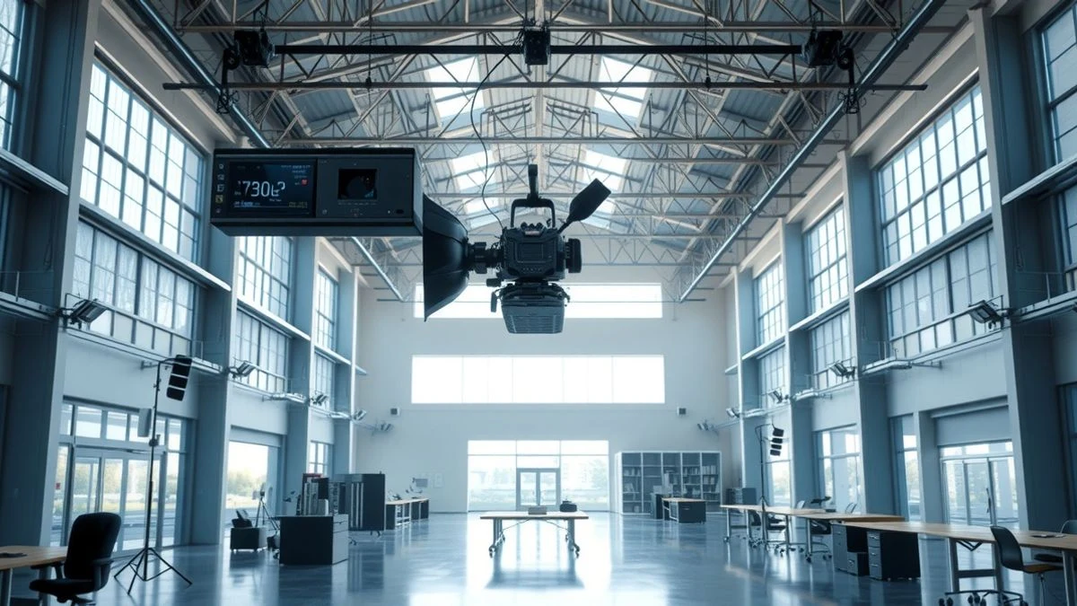 Imagen ilustrativa: interior de una nave industrial con equipos de iluminación y una plataforma de cámara, preparada para rodajes cinematográficos.