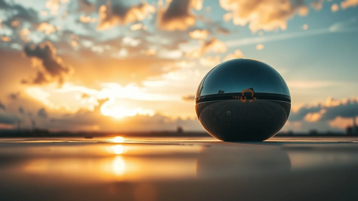 Imagen ilustrativa: un dispositivo Orb plateado y futurista sobre una superficie reflectante, visto desde un ángulo bajo con cielo de fondo.