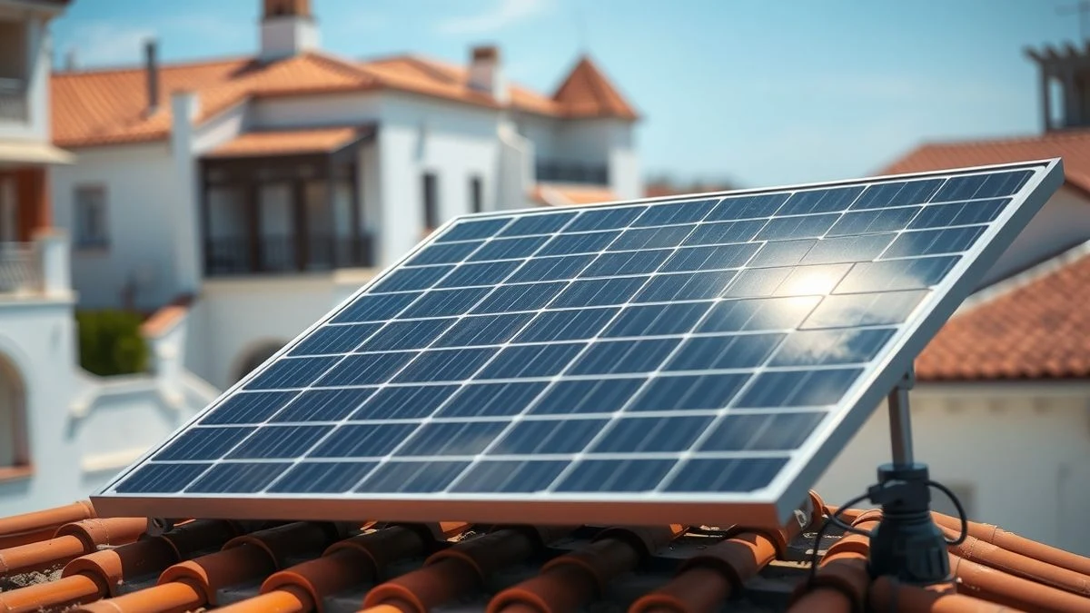 Placa solar fotovoltaica sobre tejado de tejas rojas en un pueblo onubense, al atardecer.