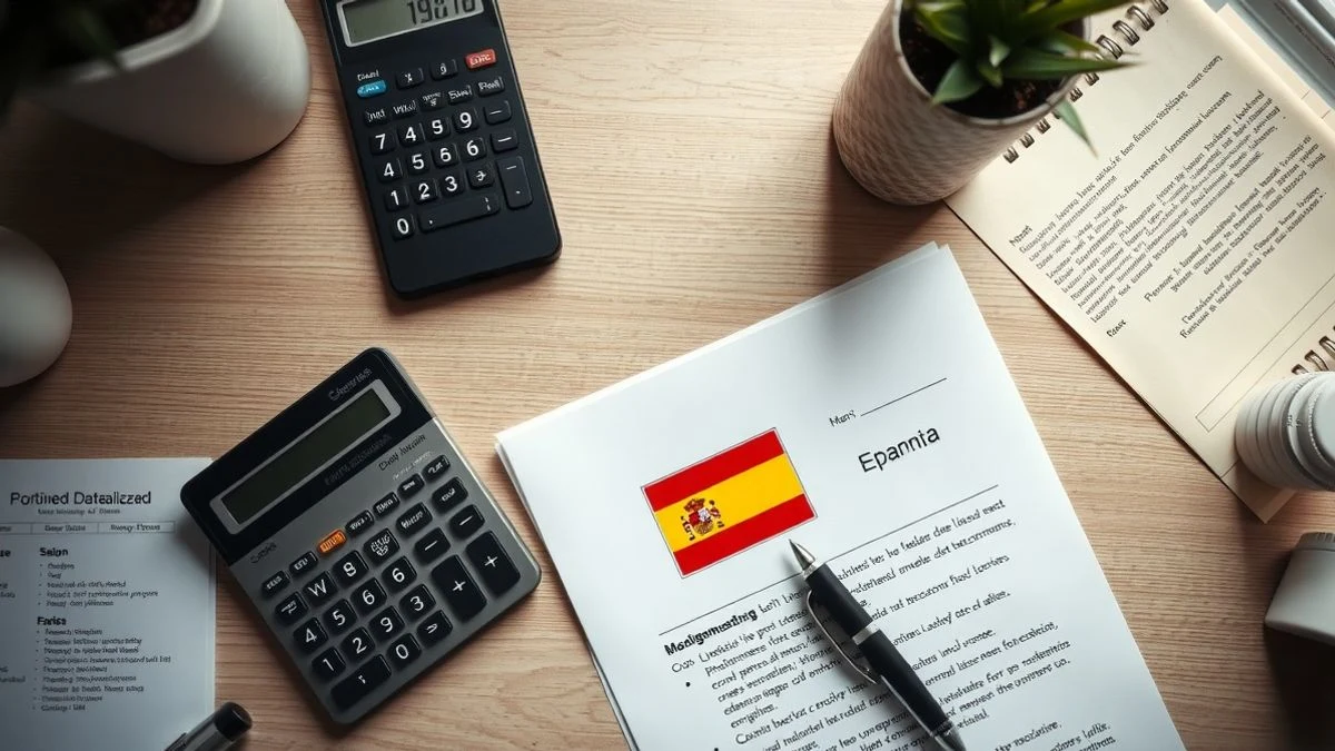 Imagen ilustrativa: vista cenital de un escritorio con calculadora, bolígrafo y un documento con la marca de agua de la bandera de España.