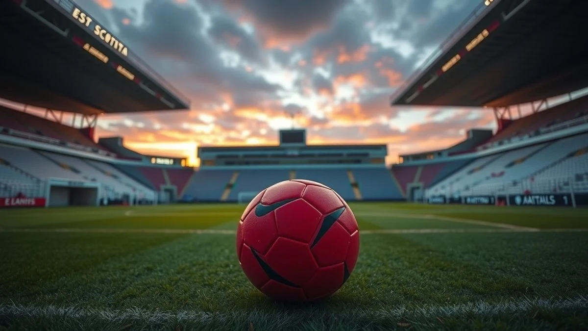 Estadio de fútbol vacío al atardecer con un balón en el centro del campo