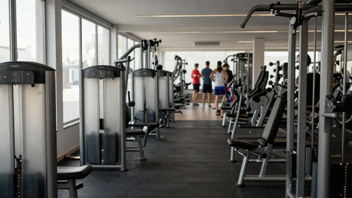 Illustrative image: interior of a modern gym with training machines and natural side light