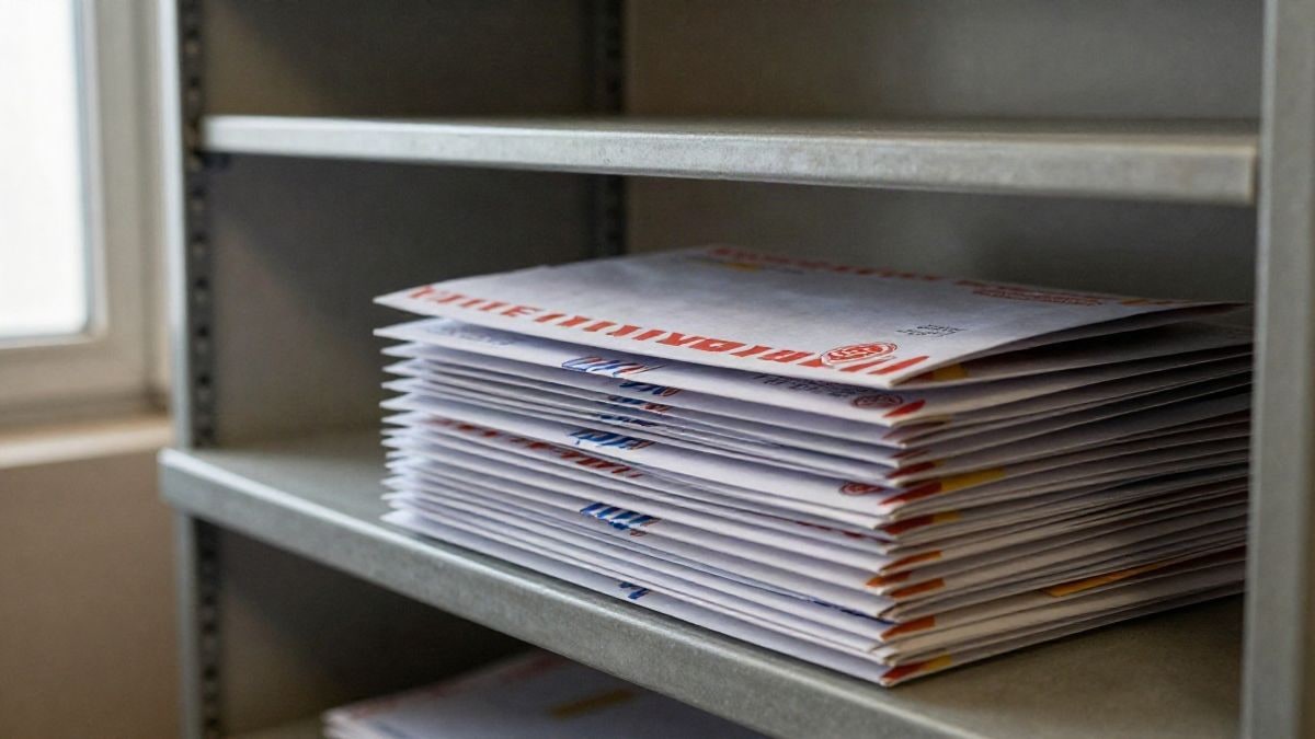 Illustrative image: stack of letters and packages on a metal shelf in a post office